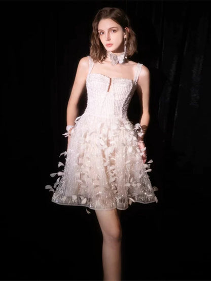 Sparkly A line Spaghetti Strap White Sequin Short Mini Party Dress Cocktail Homecoming Dresses N3930