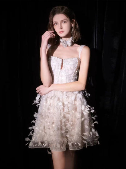 Sparkly A line Spaghetti Strap White Sequin Short Mini Party Dress Cocktail Homecoming Dresses N3930