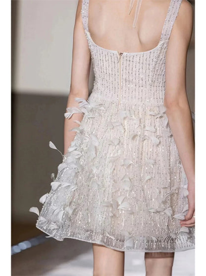 Sparkly A line Spaghetti Strap White Sequin Short Mini Party Dress Cocktail Homecoming Dresses N3930