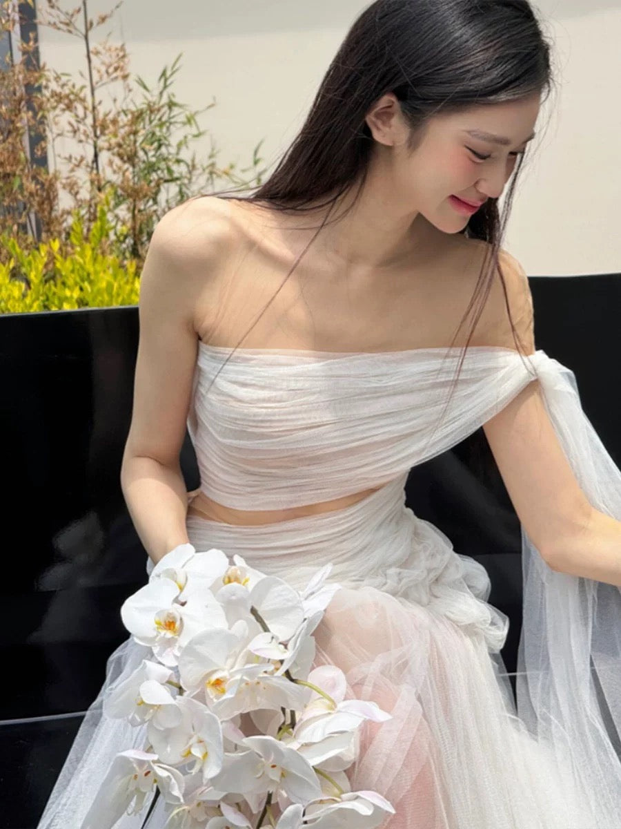 Romantic Wedding Dresses Mermaid Off The Shoulder White Tulle With Sleeves Summer Garden Wedding Gown N3932