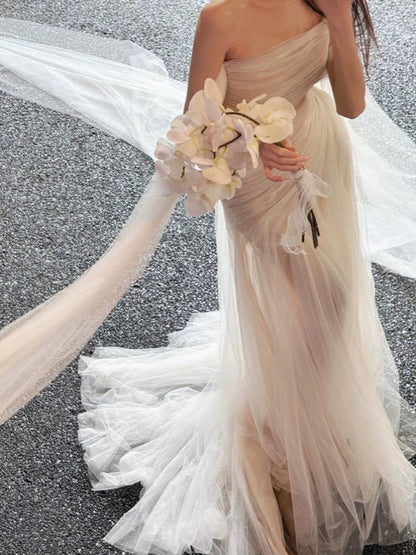 Romantic Wedding Dresses Mermaid Off The Shoulder White Tulle With Sleeves Summer Garden Wedding Gown N3932