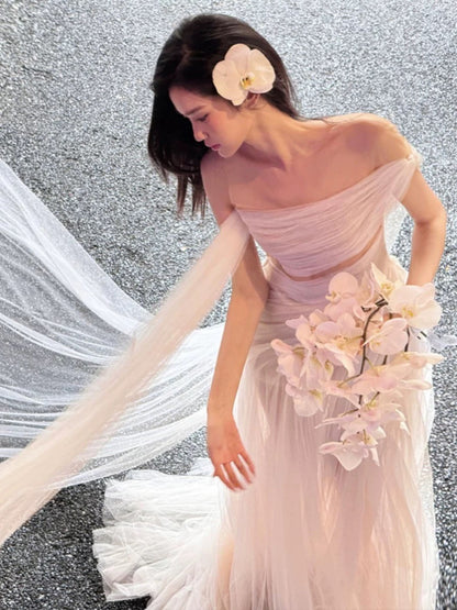 Romantic Wedding Dresses Mermaid Off The Shoulder White Tulle With Sleeves Summer Garden Wedding Gown N3932