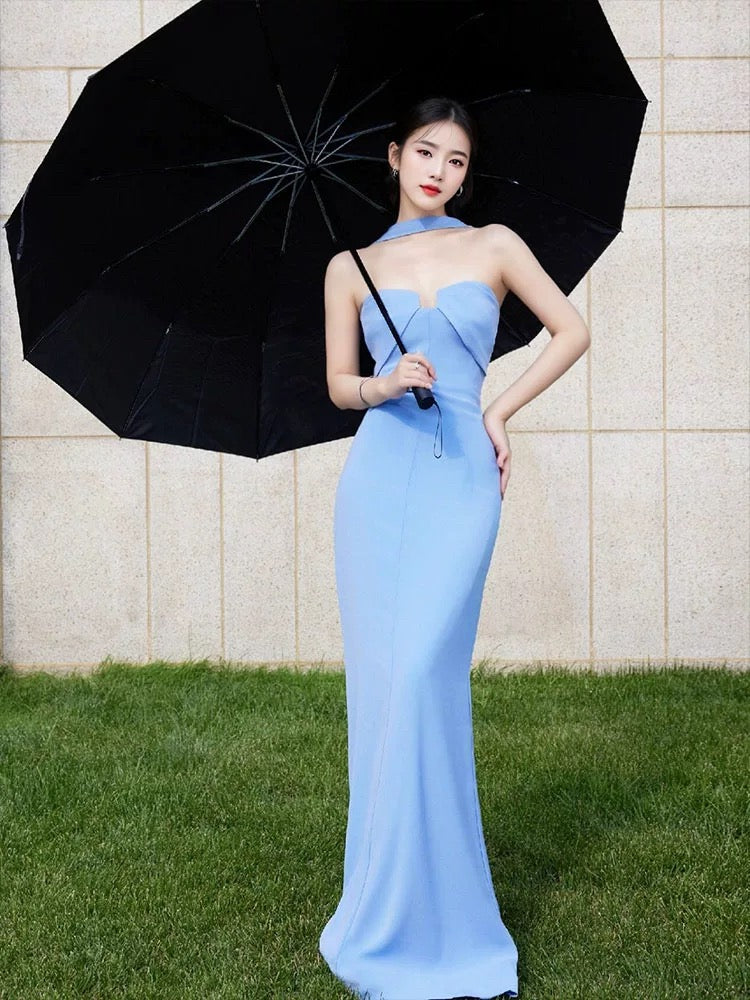 Simple Mermaid Sweetheart Blue With Scarf Evening Spring Summer Beach Formal Wedding Guest Dresses N3934