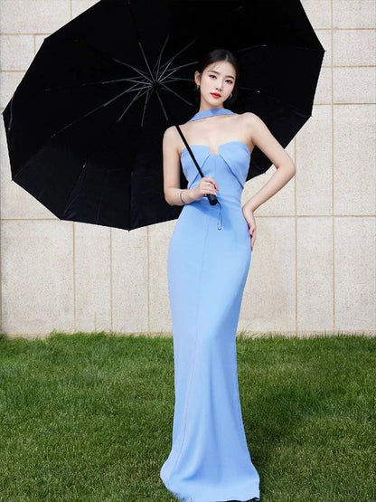 Simple Mermaid Sweetheart Blue With Scarf Evening Spring Summer Beach Formal Wedding Guest Dresses N3934