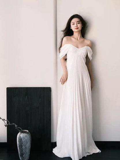 Simple Wedding Dresses A Line Off The Shoulder White Chiffon French Style Summer Garden Wedding Gown N3938