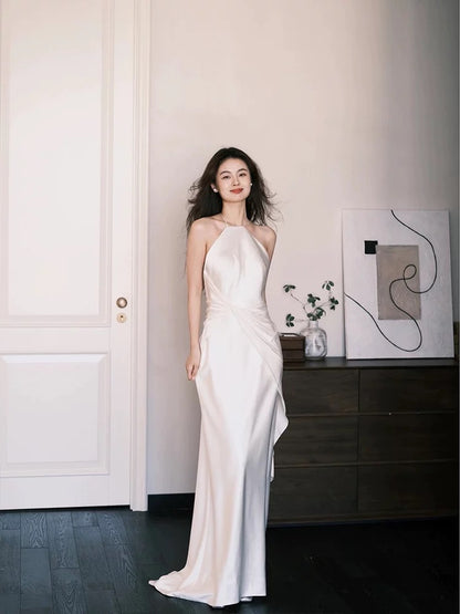 Simple Wedding Dresses A Line Halter White Satin With Scarf French Style Summer Garden Wedding Reception Dress N3939
