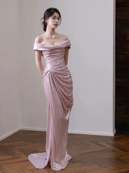 Charming Prom Dresses Mermaid Off The Shoulder Pink Long Formal Evening Dress N3940