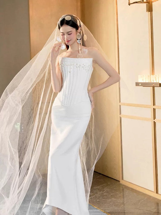 Classy Wedding Dresses Mermaid Strapless White With Pearls Summer Garden Wedding Reception Dress N3942