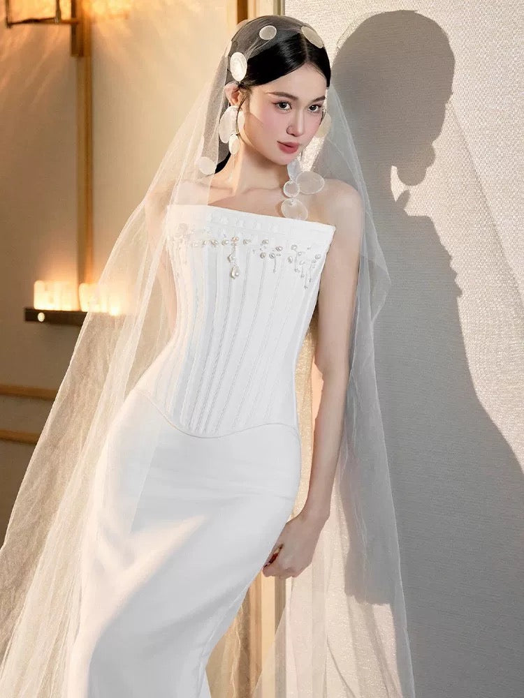 Classy Wedding Dresses Mermaid Strapless White With Pearls Summer Garden Wedding Reception Dress N3942