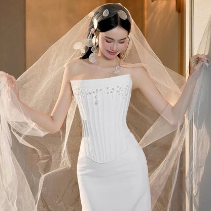 Classy Wedding Dresses Mermaid Strapless White With Pearls Summer Garden Wedding Reception Dress N3942