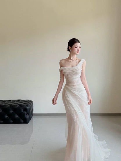 Classy Wedding Dresses Mermaid Off The Shoulder White With Pleated Summer Garden Wedding Reception Dress N3943