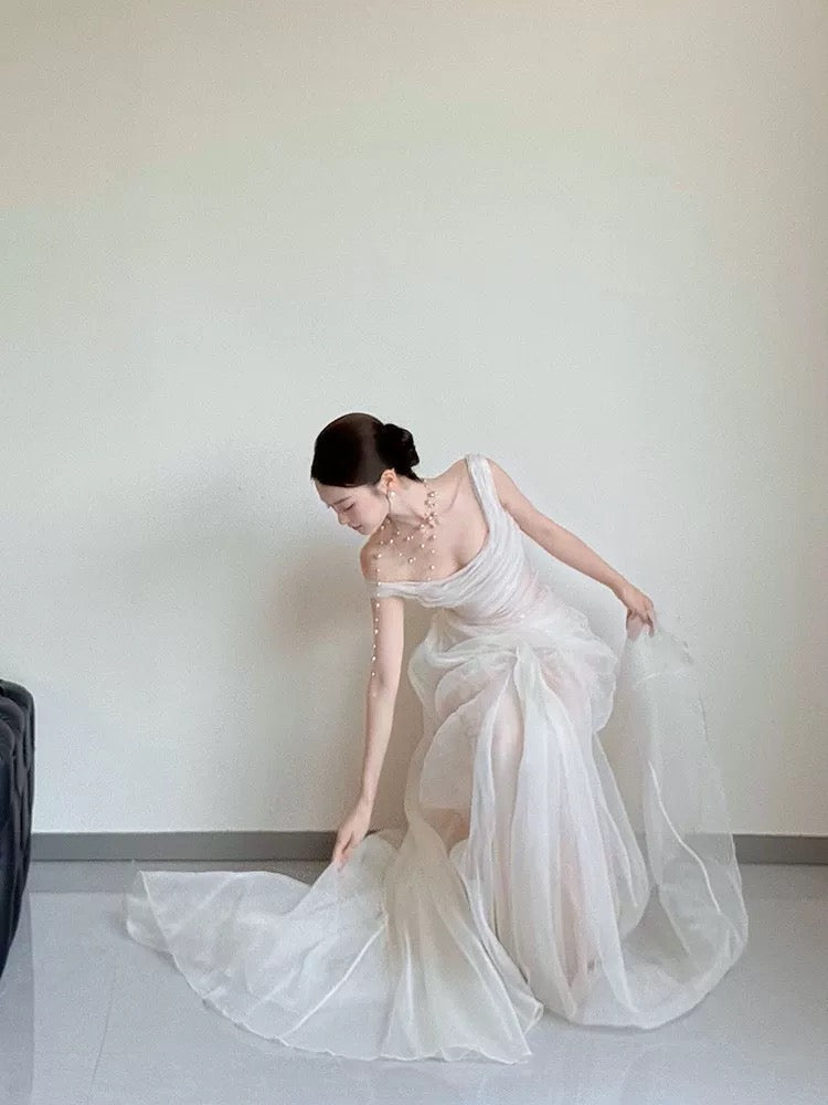Classy Wedding Dresses Mermaid Off The Shoulder White With Pleated Summer Garden Wedding Reception Dress N3943