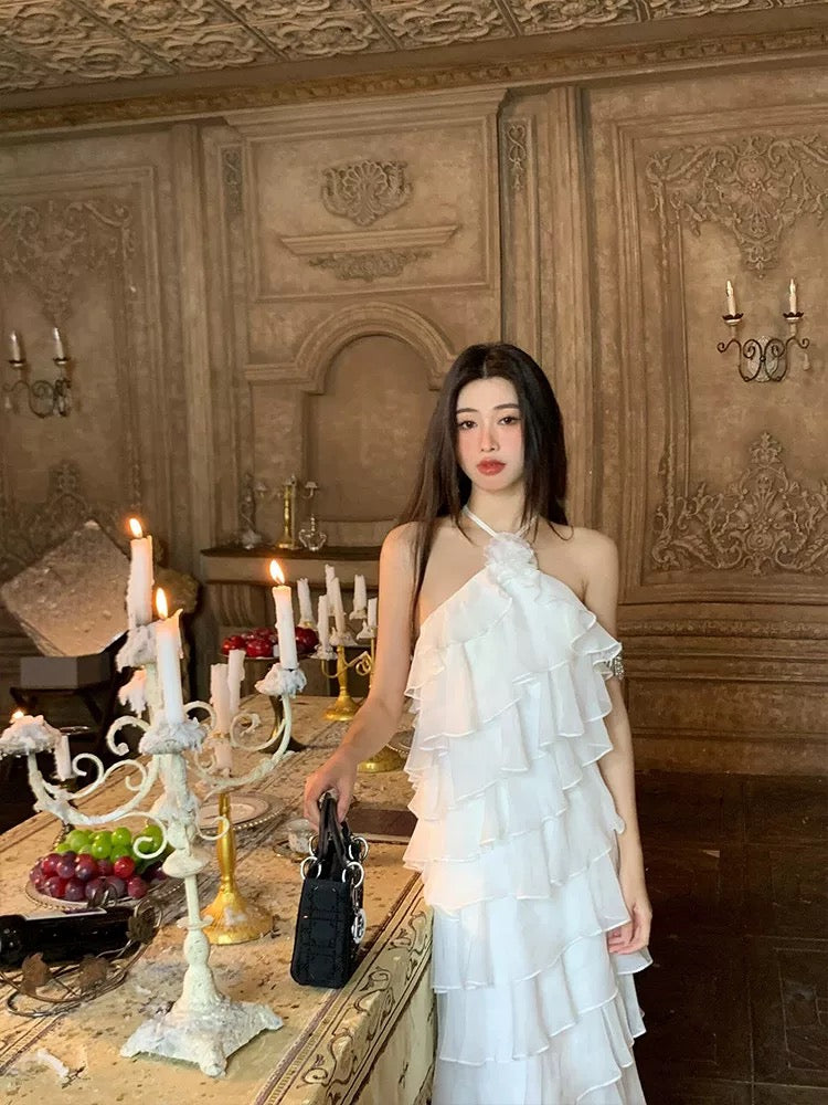 Simple A line Halter White Chiffon Prom Spring Summer Beach Formal Wedding Guest Dresses N3944