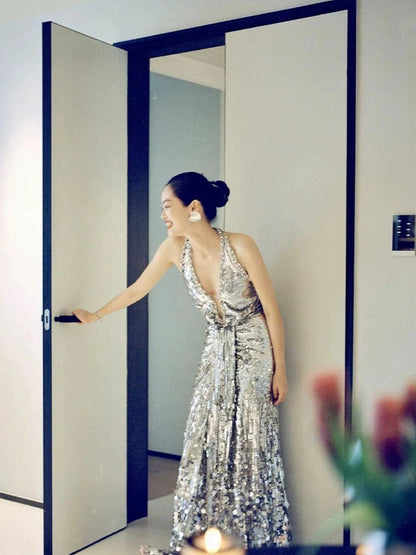 Sparkly Prom Dresses Mermaid V Neck Silver Sequin Long Formal Evening Dress N3945