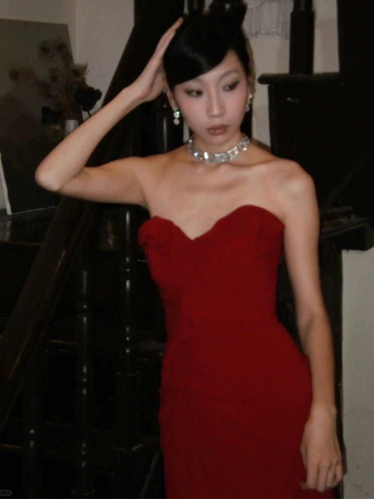 Sexy Prom Dresses Mermaid Sweetheart Red Chiffon Sleeveless Long Formal Evening Dress N3949