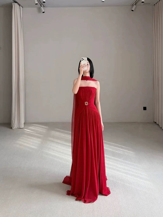 Simple A line Strapless Red Chiffon With Scarf Prom Spring Summer Beach Formal Wedding Guest Dresses N3950