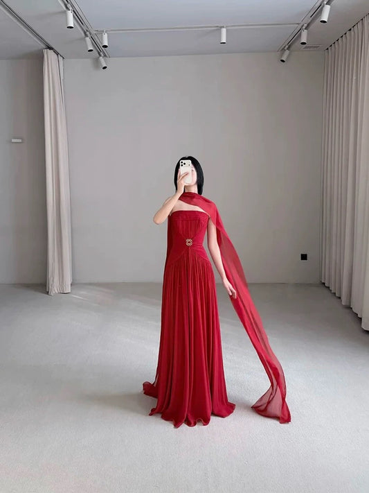 Simple A line Strapless Red Chiffon With Scarf Prom Spring Summer Beach Formal Wedding Guest Dresses N3950