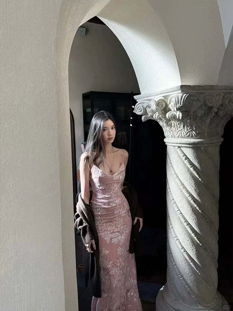 Beautiful Prom Dresses Mermaid Spaghetti Strap Pink Lace Long Formal Evening Dress N3953