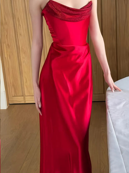Classy Mermaid Strapless Red Satin Prom Spring Summer Beach Formal Wedding Bridal Guest Dresses N3956