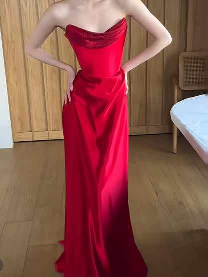 Classy Mermaid Strapless Red Satin Prom Spring Summer Beach Formal Wedding Bridal Guest Dresses N3956