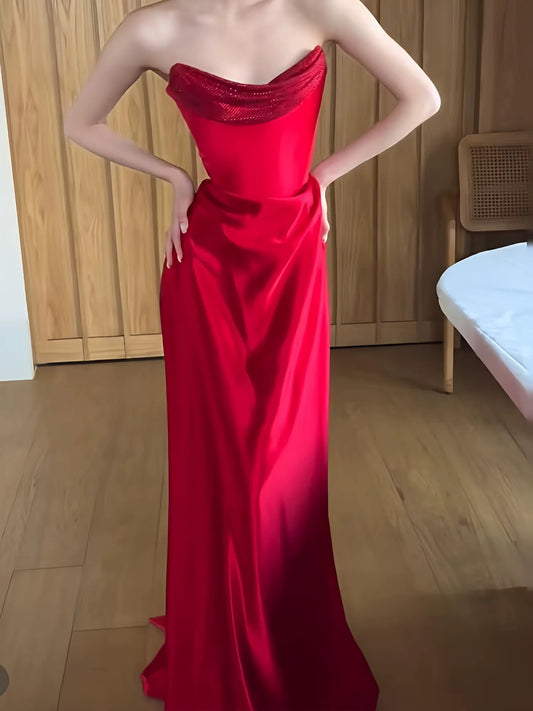 Classy Mermaid Strapless Red Satin Prom Spring Summer Beach Formal Wedding Bridal Guest Dresses N3956