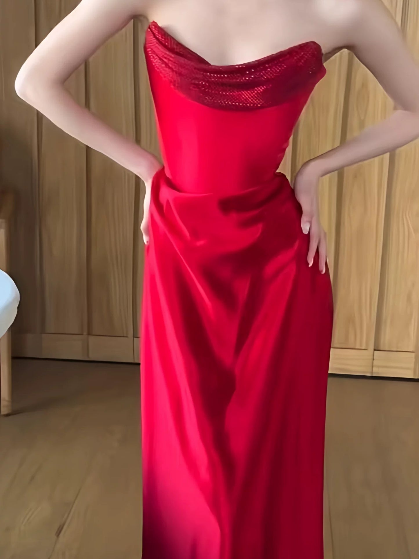 Classy Mermaid Strapless Red Satin Prom Spring Summer Beach Formal Wedding Bridal Guest Dresses N3956