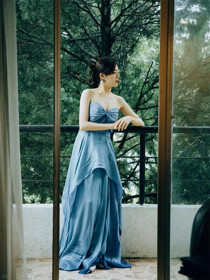 Glam A line Sweetheart Blue Satin Prom Spring Summer Beach Formal Wedding Bridal Guest Dresses N3957