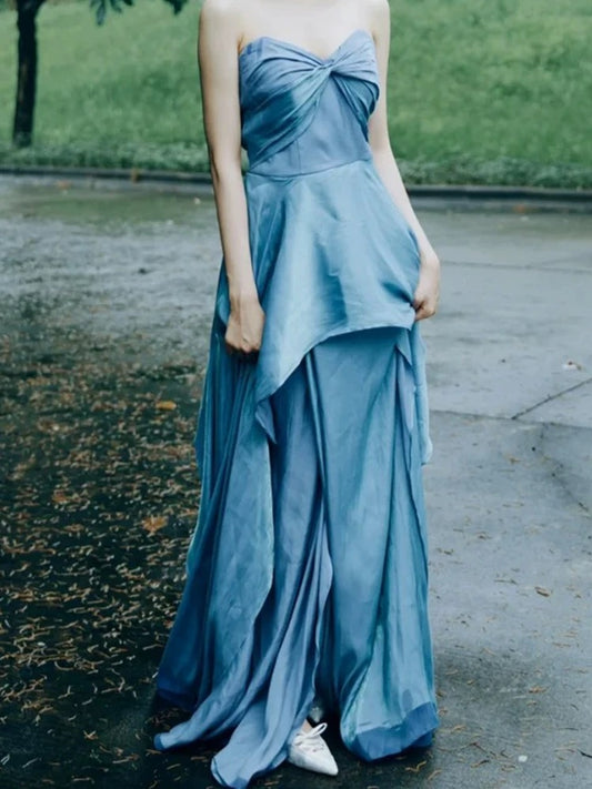 Glam A line Sweetheart Blue Satin Prom Spring Summer Beach Formal Wedding Bridal Guest Dresses N3957