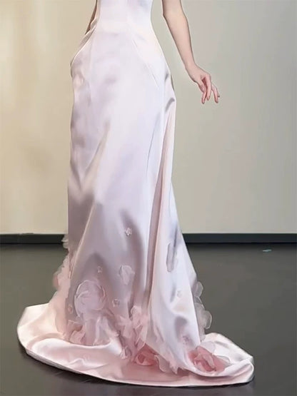 Elegant Prom Dresses Mermaid Sweetheart Pink Satin Sleeveless Long Formal Evening Dress N3958