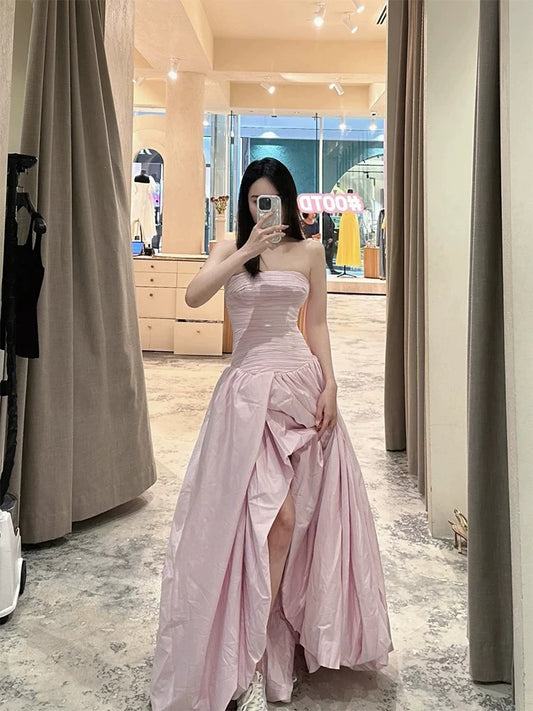 Glam Ball Gown Strapless Slit Pink Satin Prom Spring Summer Beach Formal Wedding Guest Dresses N3960