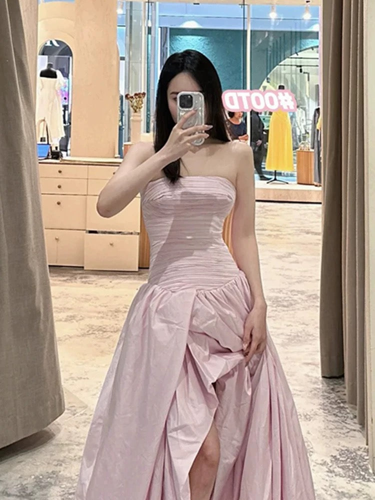 Glam Ball Gown Strapless Slit Pink Satin Prom Spring Summer Beach Formal Wedding Guest Dresses N3960
