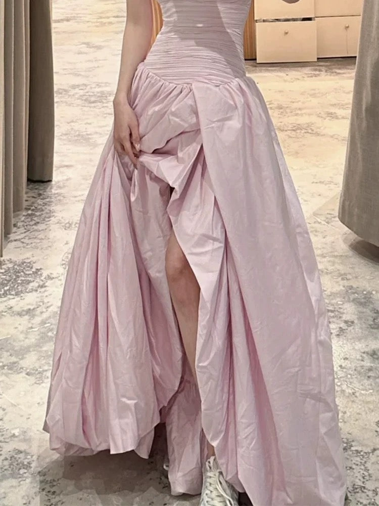 Glam Ball Gown Strapless Slit Pink Satin Prom Spring Summer Beach Formal Wedding Guest Dresses N3960