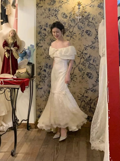 Vintage Wedding Dresses Mermaid Off The Shoulder White Lace With Sleeves Summer Garden Wedding Reception Dress N3961