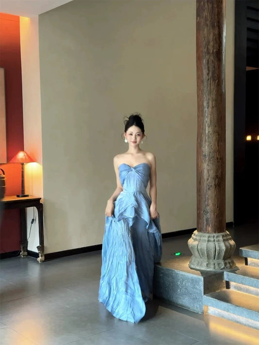 Glam A line Sweetheart Blue Prom Spring Summer Beach Formal Wedding Guest Dresses N3962