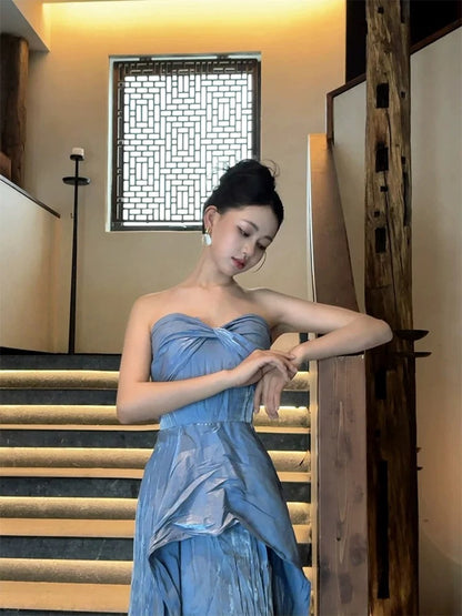 Glam A line Sweetheart Blue Prom Spring Summer Beach Formal Wedding Guest Dresses N3962