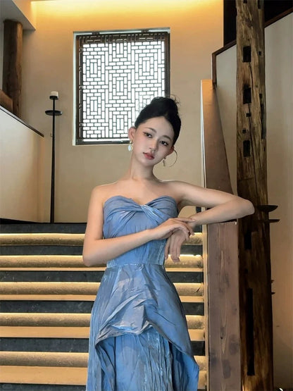 Glam A line Sweetheart Blue Prom Spring Summer Beach Formal Wedding Guest Dresses N3962