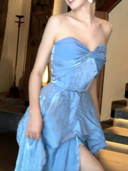 Glam A line Sweetheart Blue Prom Spring Summer Beach Formal Wedding Guest Dresses N3962