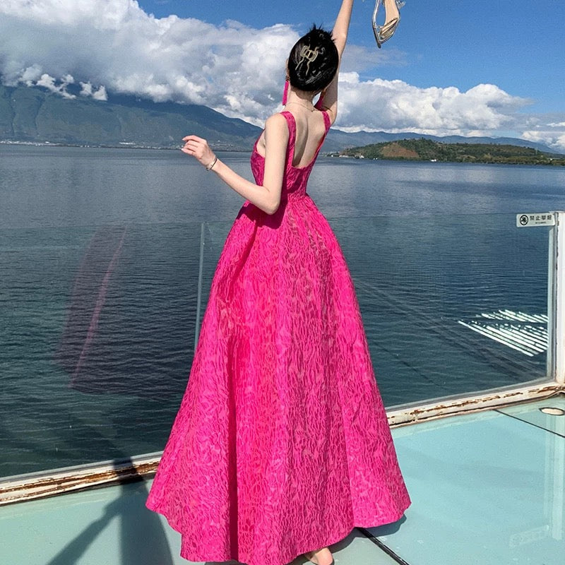 Beautiful Prom Dresses Ball Gown Square Neck Hot Pink Lace Long Formal Evening Dress N3965