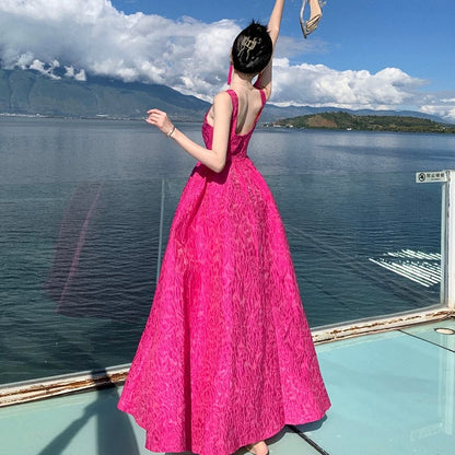 Beautiful Prom Dresses Ball Gown Square Neck Hot Pink Lace Long Formal Evening Dress N3965