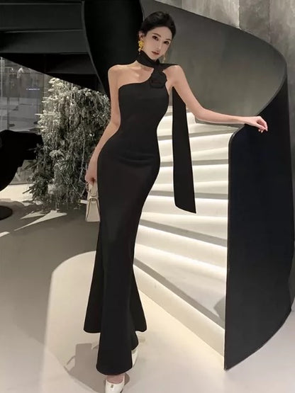 Glam Sheath One Shoulder Black Tie Prom Spring Summer Beach Formal Wedding Guest Dresses N3967