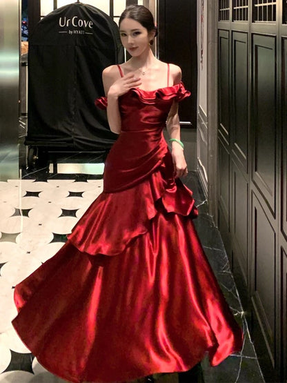 Classy Mermaid Spaghetti Strap Burgundy Prom Spring Summer Beach Formal Wedding Bridal Guest Dresses N3951