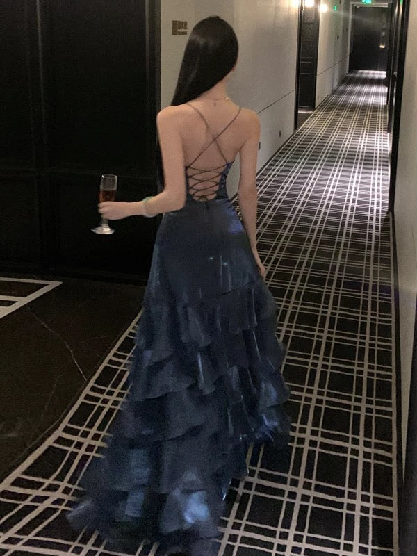Mermaid Spaghetti Strap Long Backless Prom Dresses Navy Blue Long Formal Dresses N3941