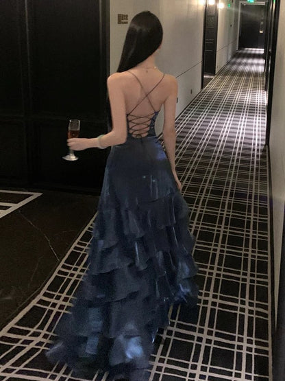 Mermaid Spaghetti Strap Long Backless Prom Dresses Navy Blue Long Formal Dresses N3941