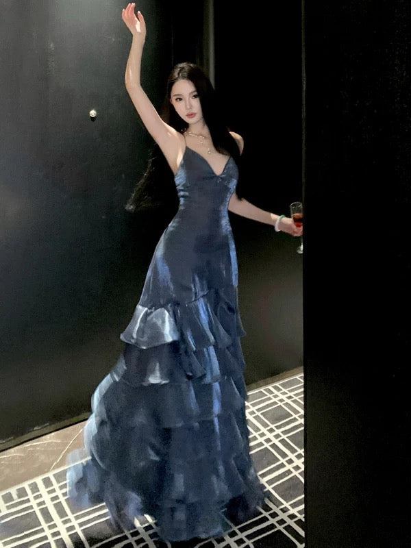 Mermaid Spaghetti Strap Long Backless Prom Dresses Navy Blue Long Formal Dresses N3941