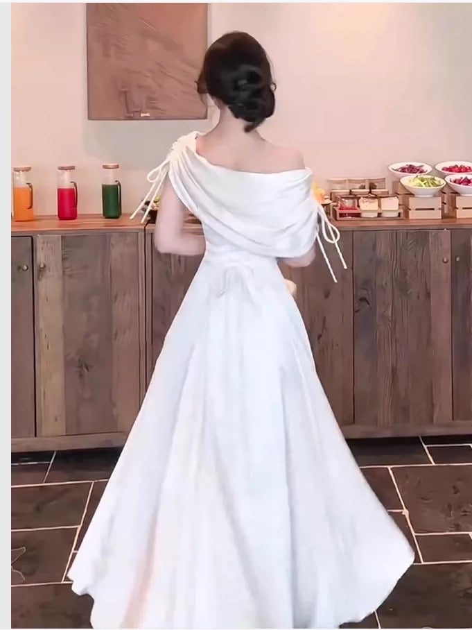 Elegant Prom Dresses A Line Off The Shoulder White With Pleated Knee Length Formal Evening Dress N3971