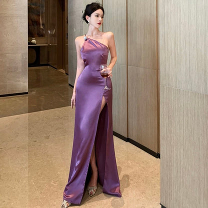 Mermaid One Shoulder Grape Satin 21st Birthday Elegant Outfit Spring Summer Beach Formal Wedding Bridal Guest Dresses N3972