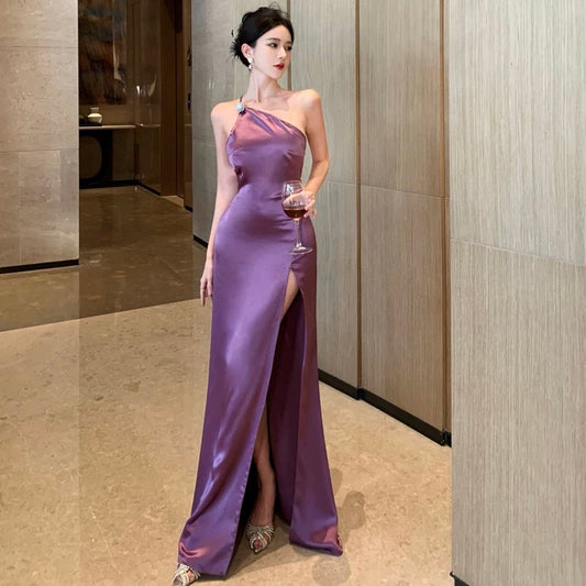 Mermaid One Shoulder Grape Satin 21st Birthday Elegant Outfit Spring Summer Beach Formal Wedding Bridal Guest Dresses N3972