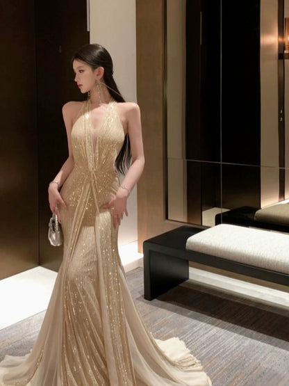 Elegant Prom Dresses Mermaid Halter Gold Sequin With Pleated Formal Evening Dress N3973