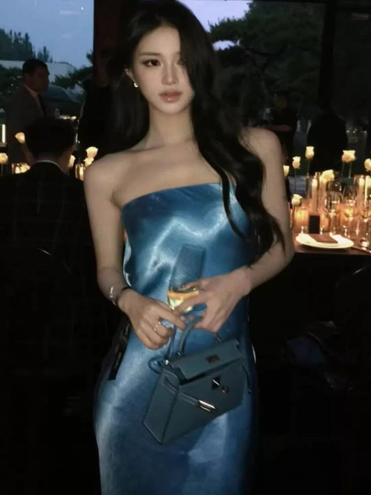 Mermaid Strapless Blue Satin 21st Birthday Elegant Outfit Spring Summer Beach Formal Wedding Bridal Guest Dresses N3974