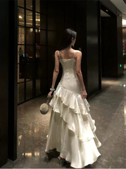 Elegant Prom Dresses Mermaid Spaghetti Strap White With Pleated Formal Evening Dress N3976